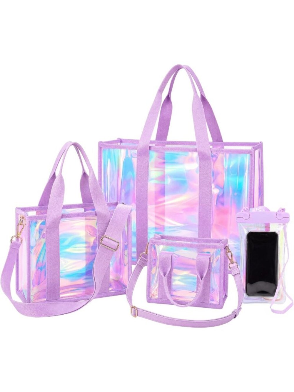 Iridescent Beach Bag Set - 4 Pack Holographic Clear Totes with Zipper & Phone